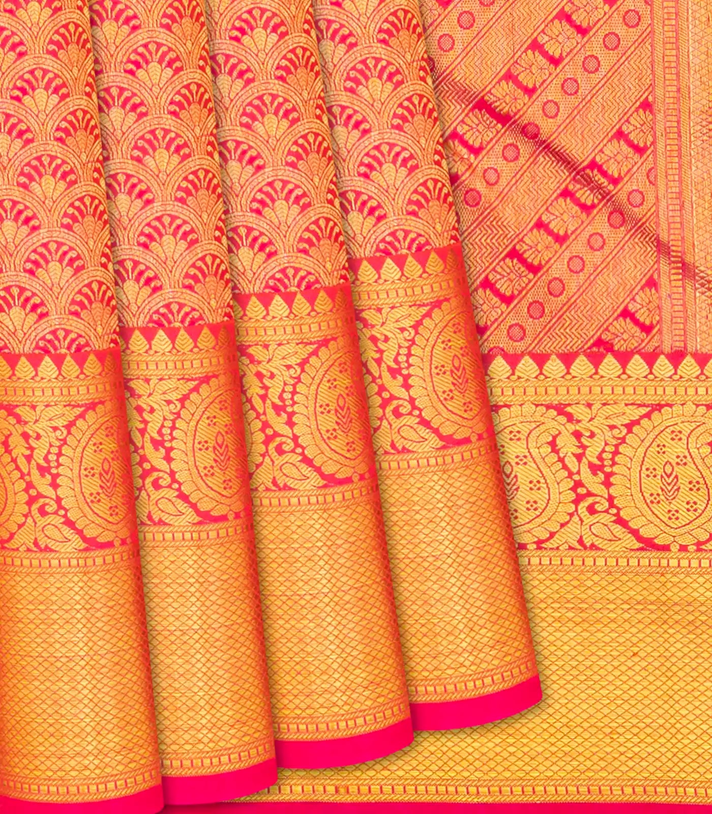 Hot Pink Handloom Kanchipuram Silk Saree With Floral Motifs-Hot Pink