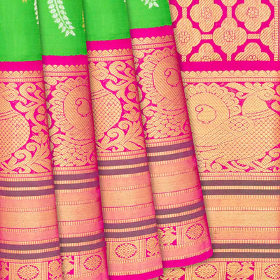 Light Green Handloom Kanchipuram Silk Saree With Floral Motifs-Light Green