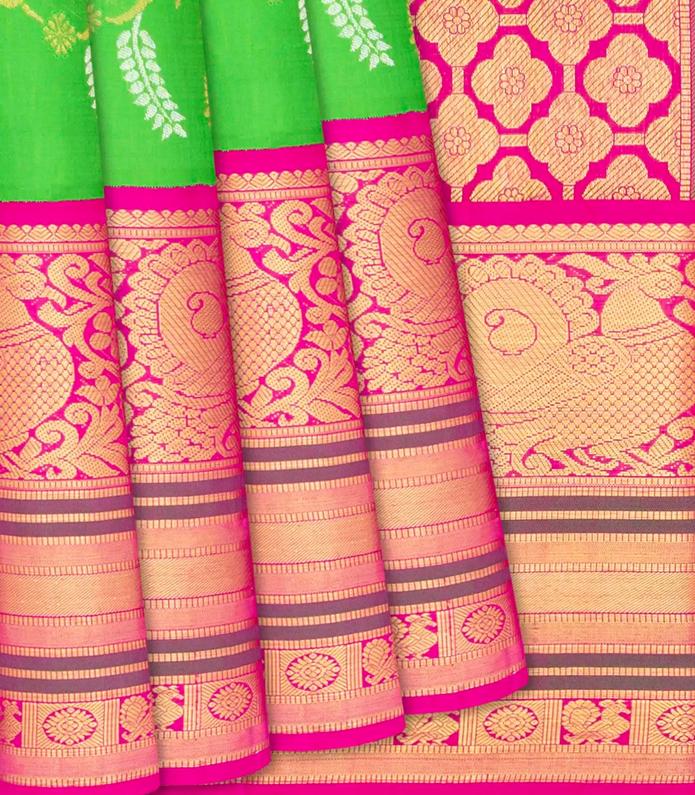 Light Green Handloom Kanchipuram Silk Saree With Floral Motifs-Light Green