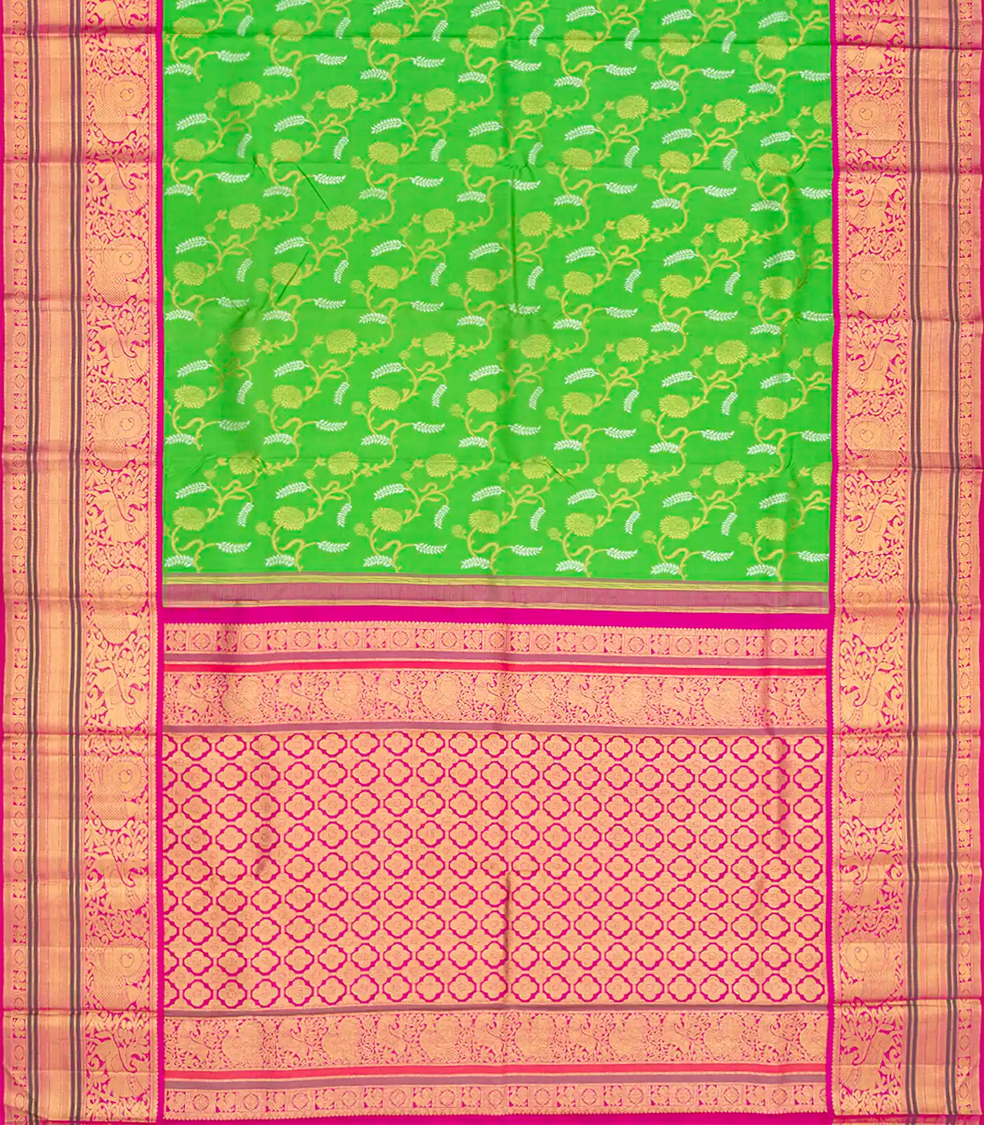 Light Green Handloom Kanchipuram Silk Saree With Floral Motifs-Light Green