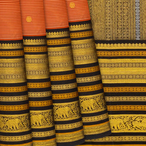 Rust Handloom Kanchipuram Korvai Silk Saree With Stripes & Buttas-Rust