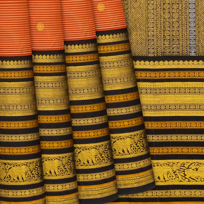 Rust Handloom Kanchipuram Korvai Silk Saree With Stripes & Buttas-Rust