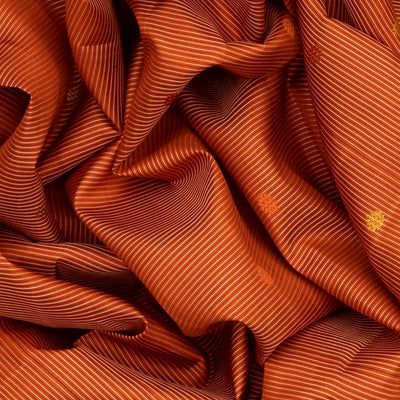 Rust Handloom Kanchipuram Korvai Silk Saree With Stripes & Buttas-Rust