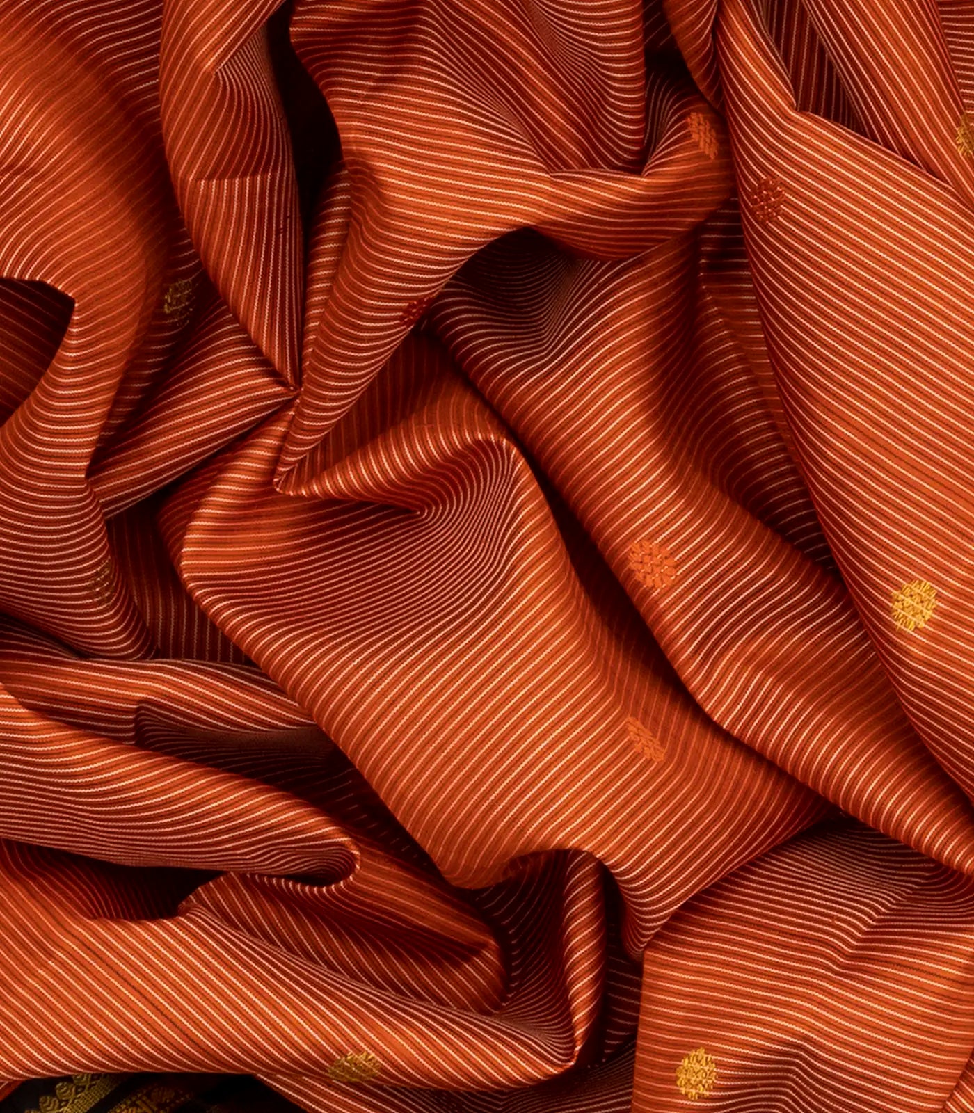 Rust Handloom Kanchipuram Korvai Silk Saree With Stripes & Buttas-Rust