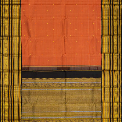 Rust Handloom Kanchipuram Korvai Silk Saree With Stripes & Buttas-Rust