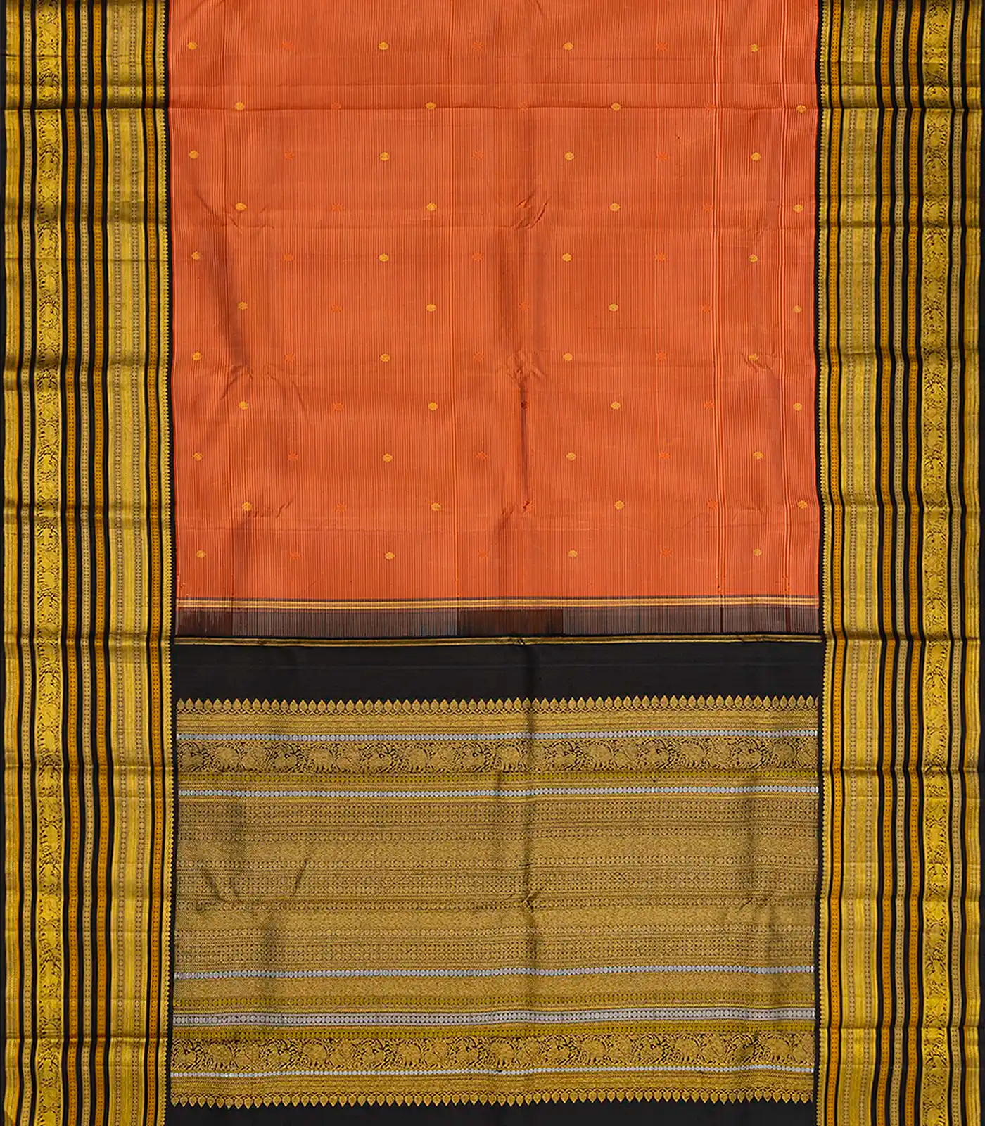 Rust Handloom Kanchipuram Korvai Silk Saree With Stripes & Buttas-Rust
