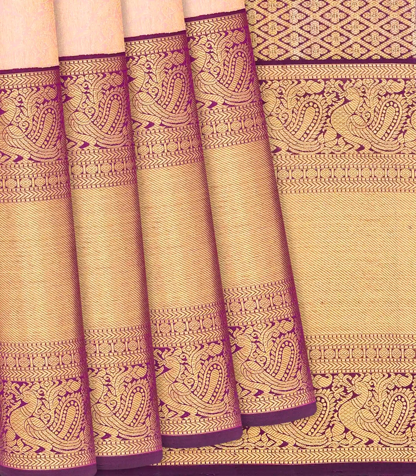 Light Peach Handloom Kanchipuram Korvai Silk Saree With Vanasingaram Motifs-Light Peach