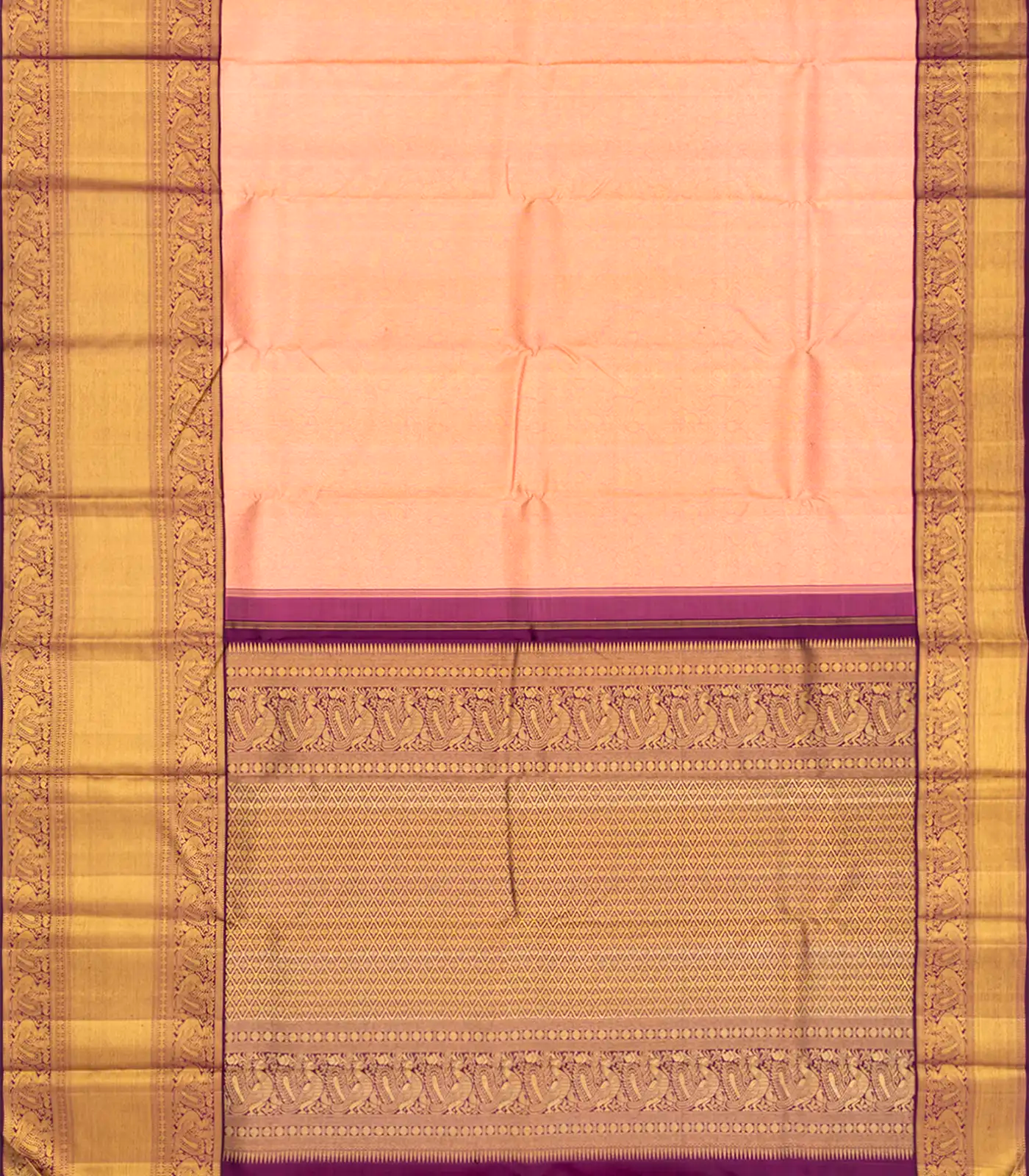 Light Peach Handloom Kanchipuram Korvai Silk Saree With Vanasingaram Motifs-Light Peach