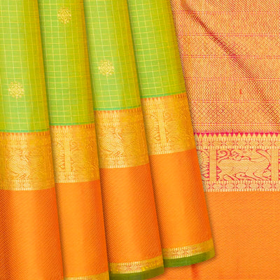 Light Green Handloom Kanchipuram Silk Saree With Checks & Buttas-Light Green