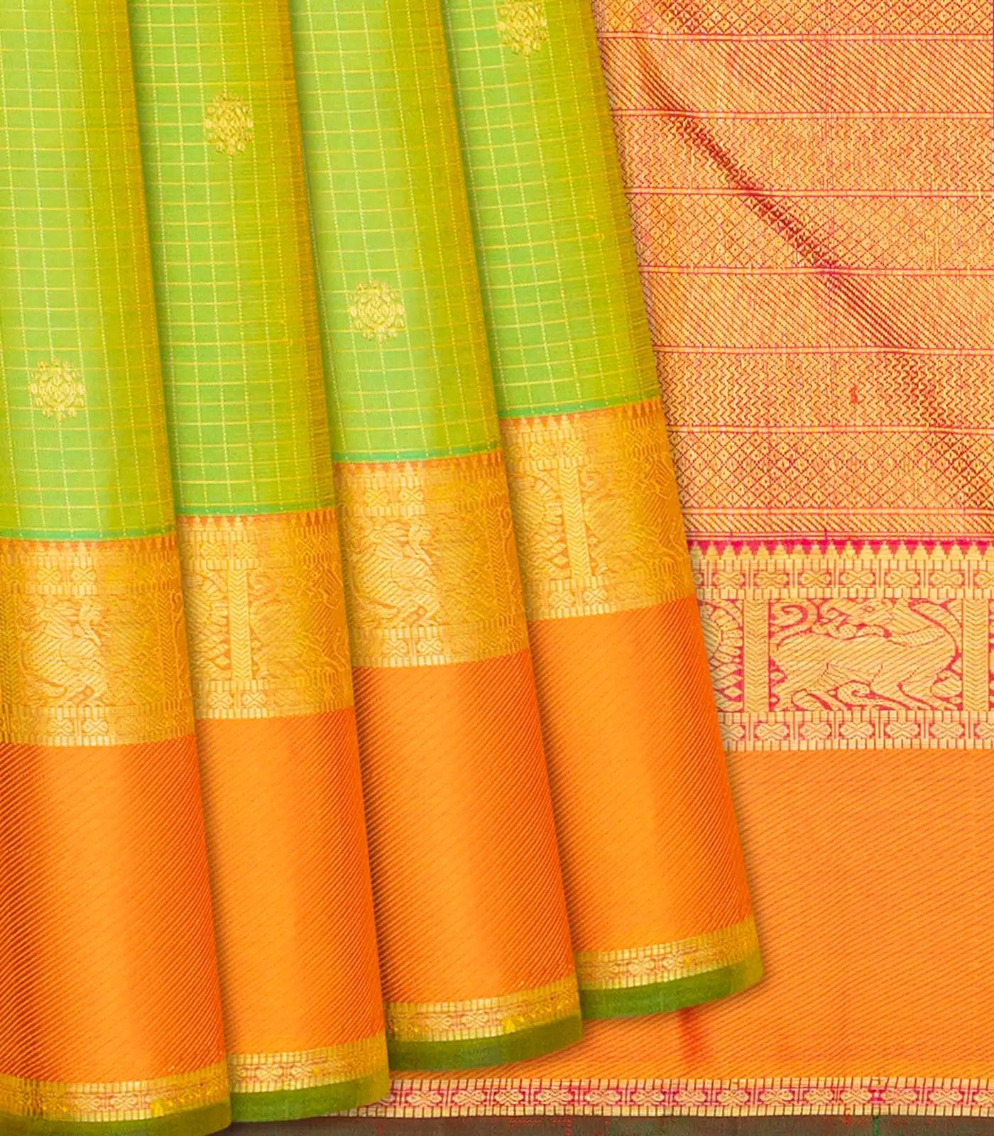 Light Green Handloom Kanchipuram Silk Saree With Checks & Buttas-Light Green