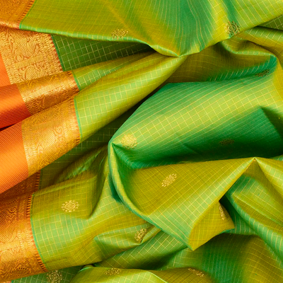 Light Green Handloom Kanchipuram Silk Saree With Checks & Buttas-Light Green