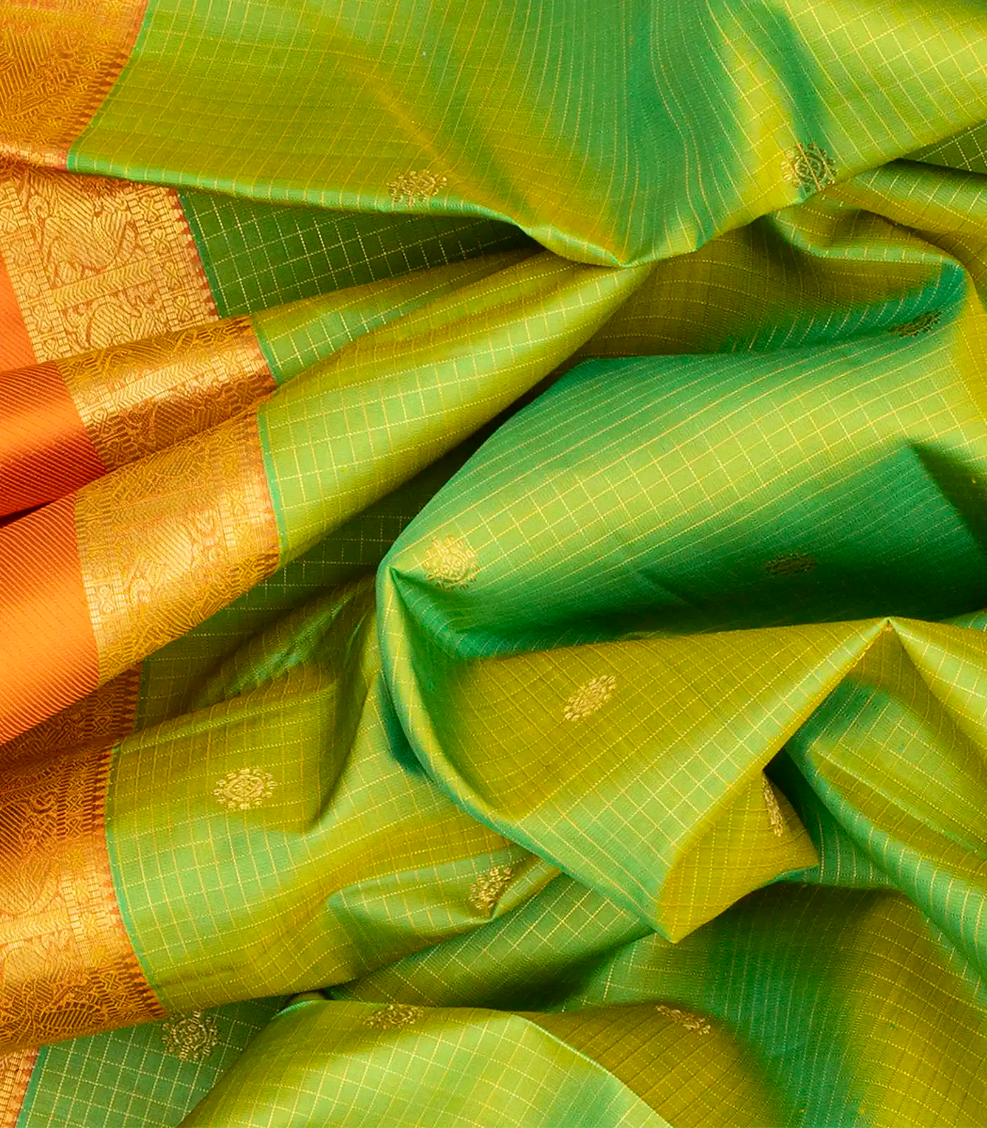 Light Green Handloom Kanchipuram Silk Saree With Checks & Buttas-Light Green