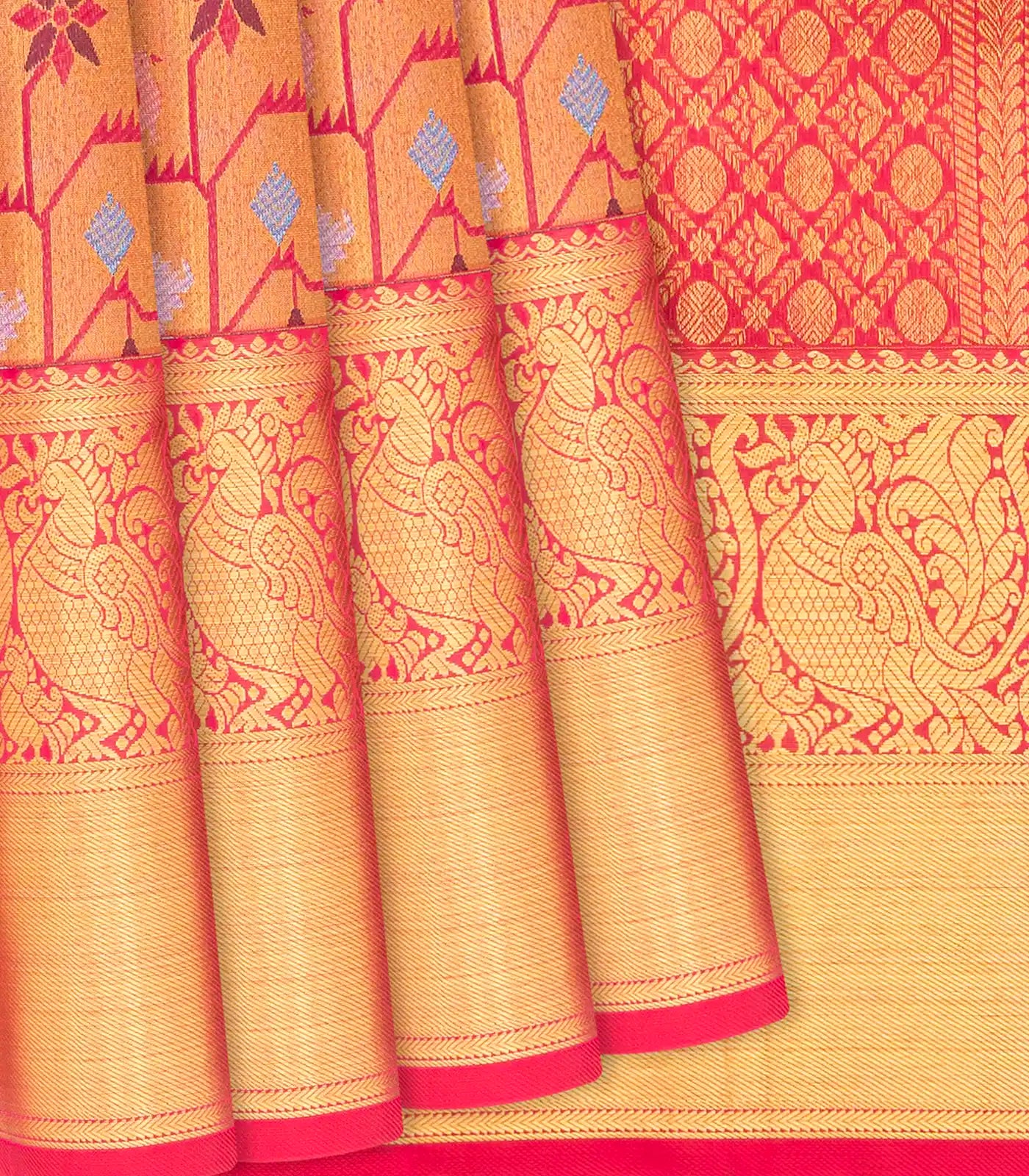 Pink Handloom Kanchipuram Silk Saree With Meena Floral Motifs-Pink