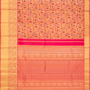 Pink Handloom Kanchipuram Silk Saree With Meena Floral Motifs-Pink