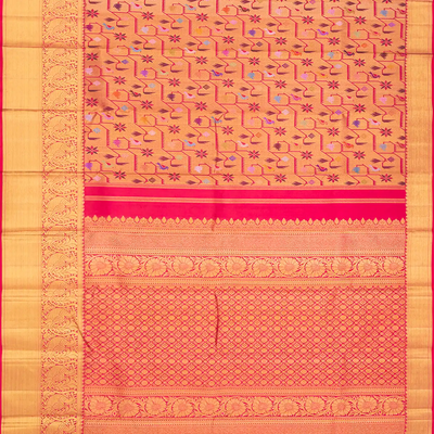 Pink Handloom Kanchipuram Silk Saree With Meena Floral Motifs-Pink