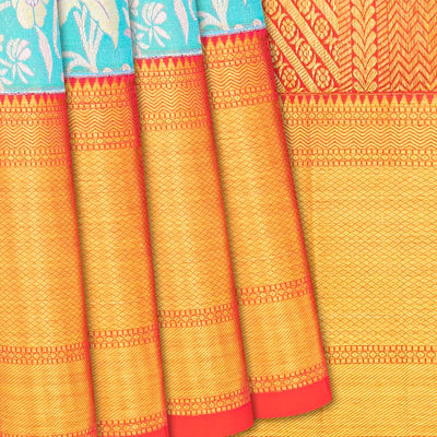 Turquoise Handloom Kanchipuram Silk Saree With Floral Motifs-Turquoise