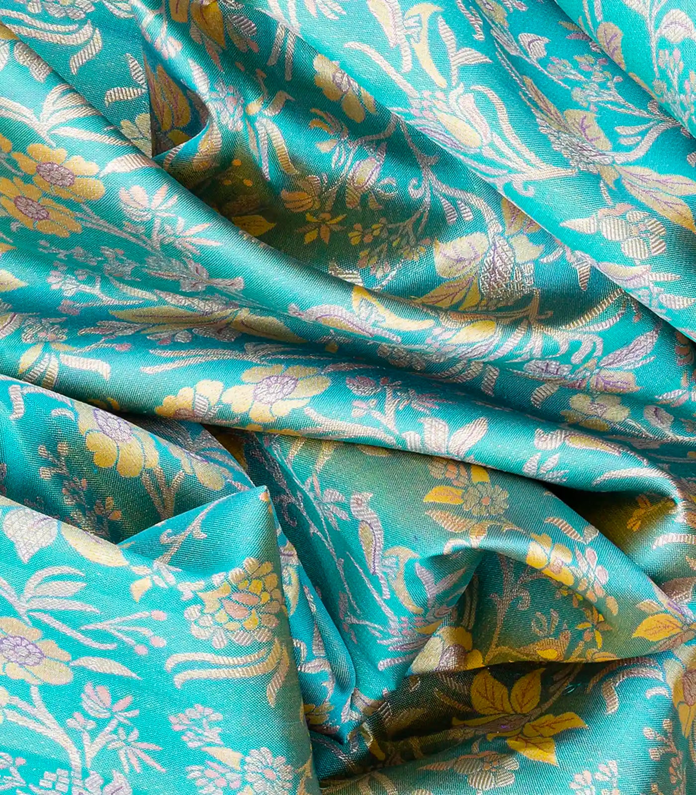 Turquoise Handloom Kanchipuram Silk Saree With Floral Motifs-Turquoise