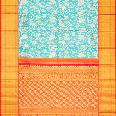 Turquoise Handloom Kanchipuram Silk Saree With Floral Motifs-Turquoise