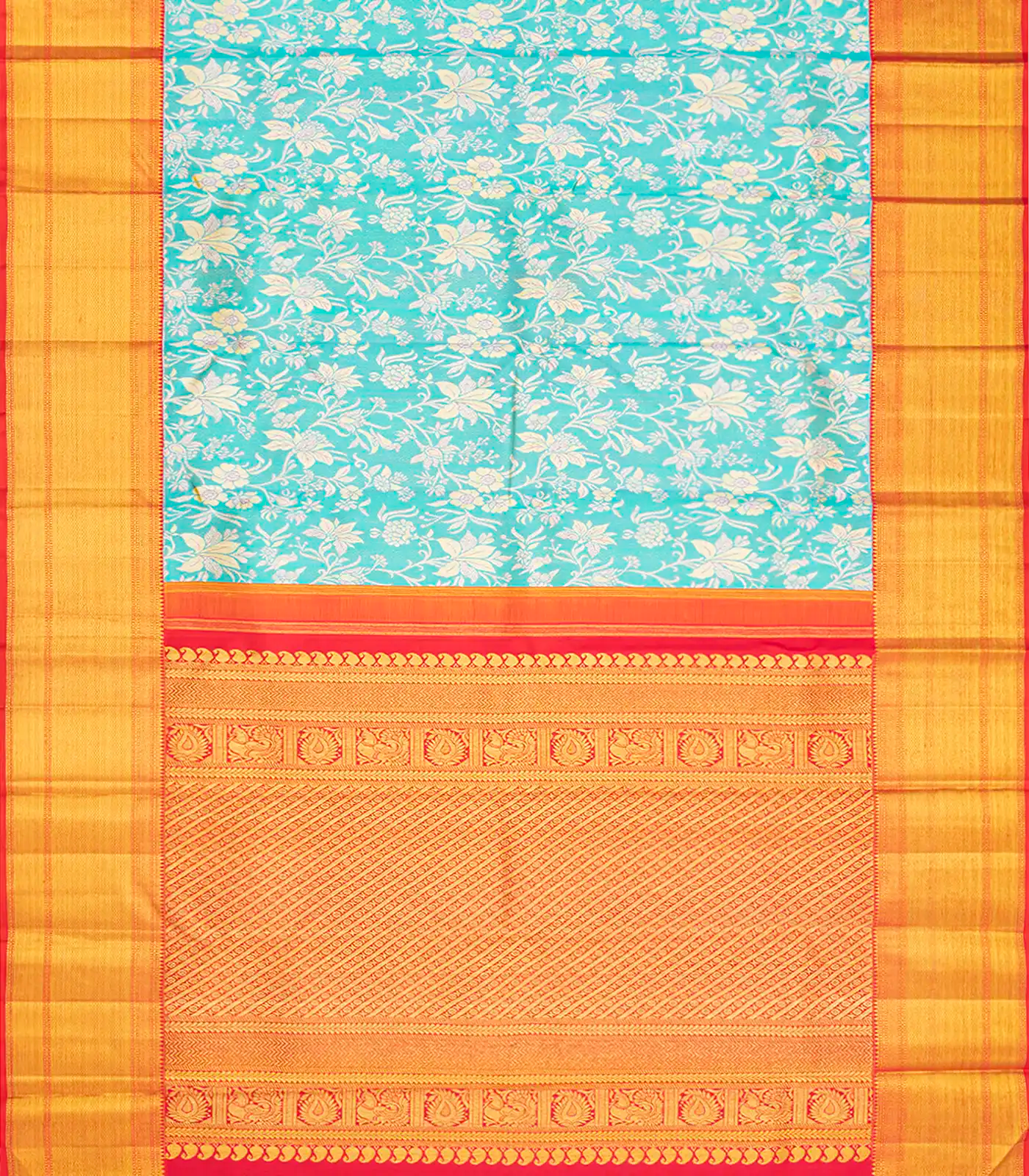 Turquoise Handloom Kanchipuram Silk Saree With Floral Motifs-Turquoise