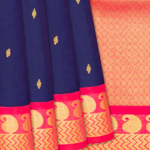 Midnight Blue Handloom Kanchipuram Korvai Silk Saree With Contrast Pink Border-Midnight Blue