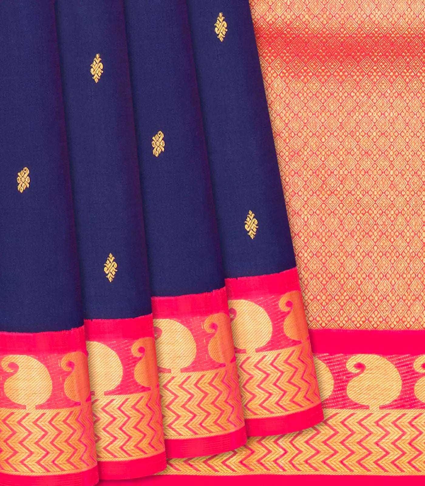 Midnight Blue Handloom Kanchipuram Korvai Silk Saree With Contrast Pink Border-Midnight Blue