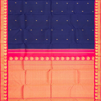 Midnight Blue Handloom Kanchipuram Korvai Silk Saree With Contrast Pink Border-Midnight Blue