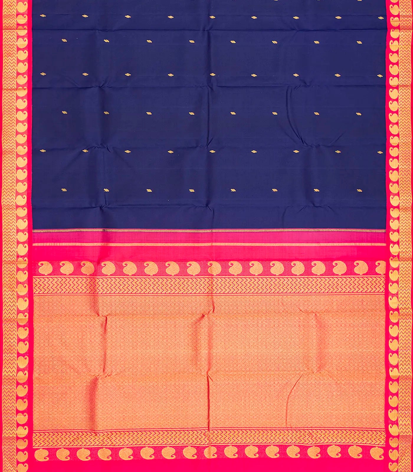 Midnight Blue Handloom Kanchipuram Korvai Silk Saree With Contrast Pink Border-Midnight Blue