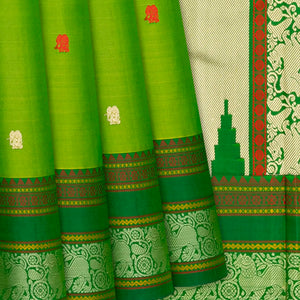 Leafy Green Handloom Kanchipuram Silk Saree With Elephant Motifs-Leaf Green