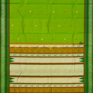 Leafy Green Handloom Kanchipuram Silk Saree With Elephant Motifs-Leaf Green
