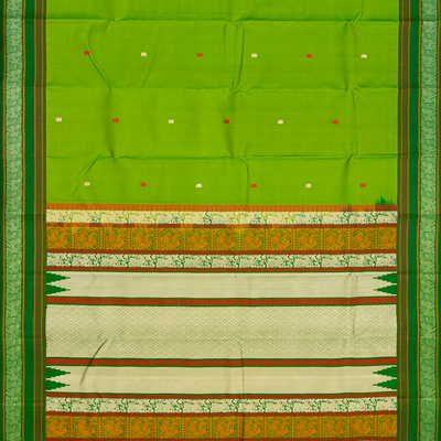 Leafy Green Handloom Kanchipuram Silk Saree With Elephant Motifs-Leaf Green