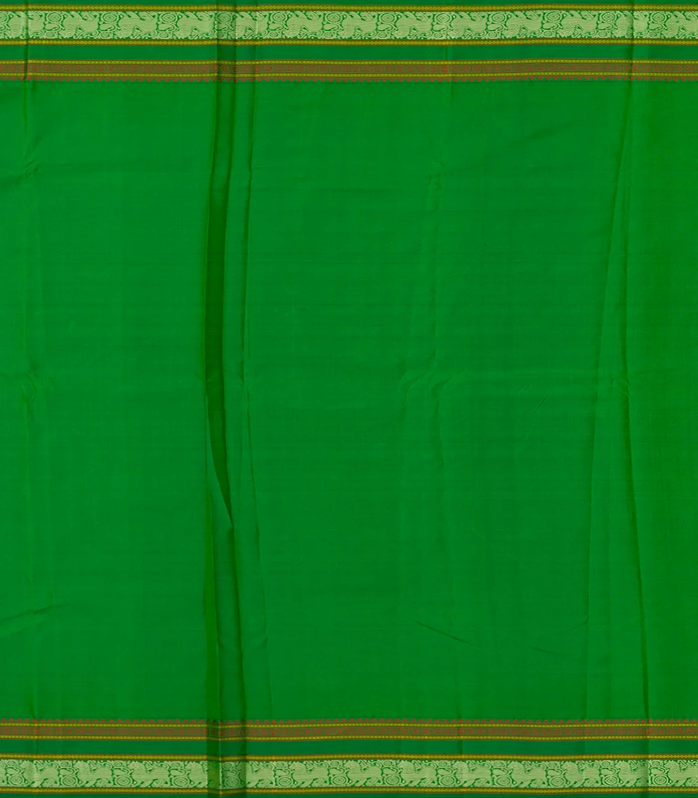 Leafy Green Handloom Kanchipuram Silk Saree With Elephant Motifs-Leaf Green