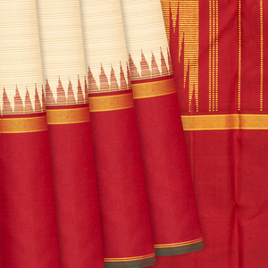 Cream Handloom Kanchipuram Korvai Silk Saree With Stripes-Cream