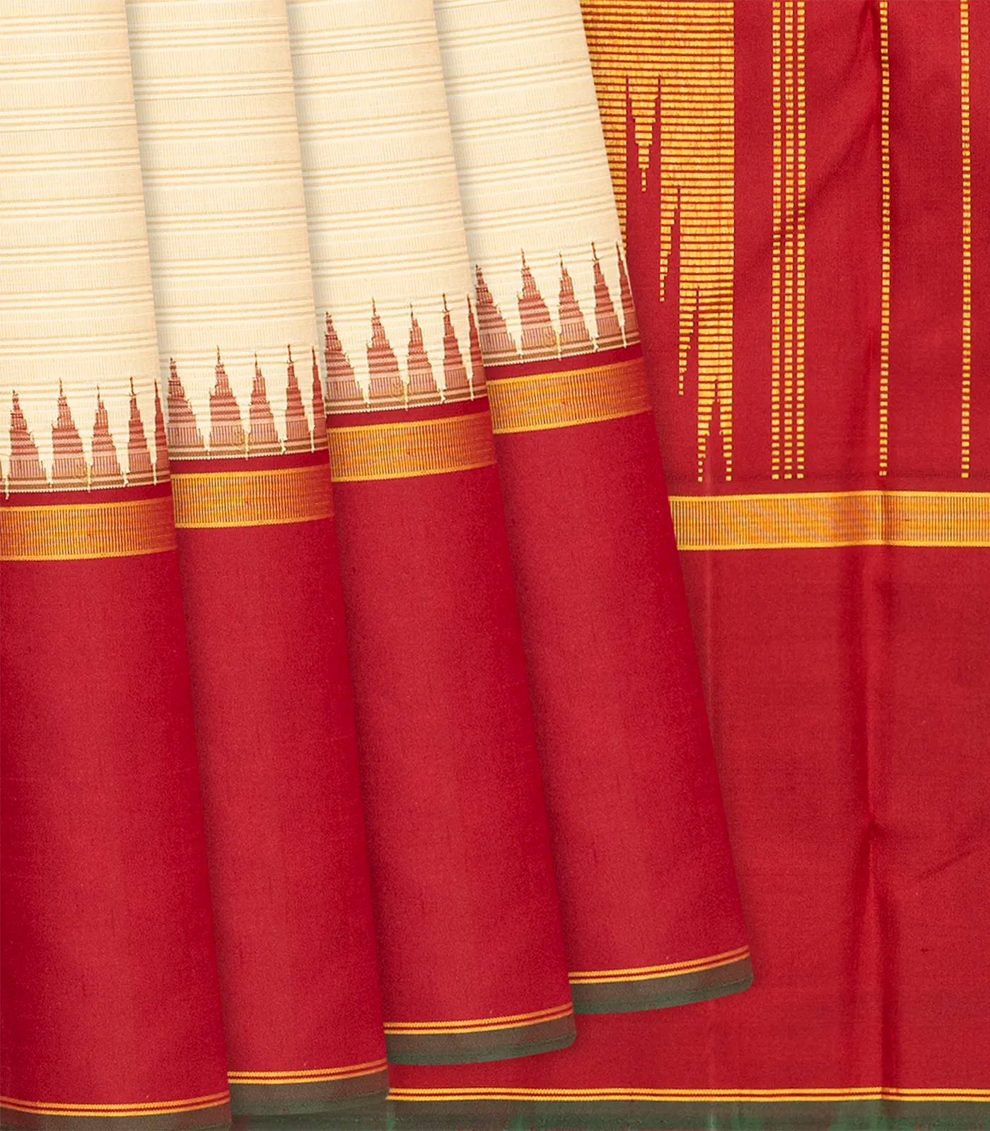 Cream Handloom Kanchipuram Korvai Silk Saree With Stripes-Cream