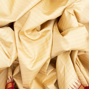 Cream Handloom Kanchipuram Korvai Silk Saree With Stripes-Cream