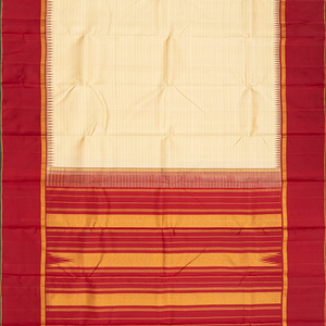 Cream Handloom Kanchipuram Korvai Silk Saree With Stripes-Cream