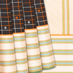 Black Handloom Kanchipuram Korvai Silk Saree With Checks & Buttas-Black