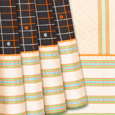 Black Handloom Kanchipuram Korvai Silk Saree With Checks & Buttas-Black