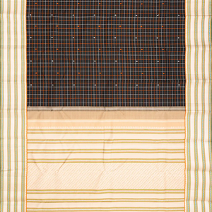 Black Handloom Kanchipuram Korvai Silk Saree With Checks & Buttas-Black