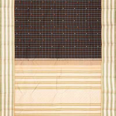 Black Handloom Kanchipuram Korvai Silk Saree With Checks & Buttas-Black