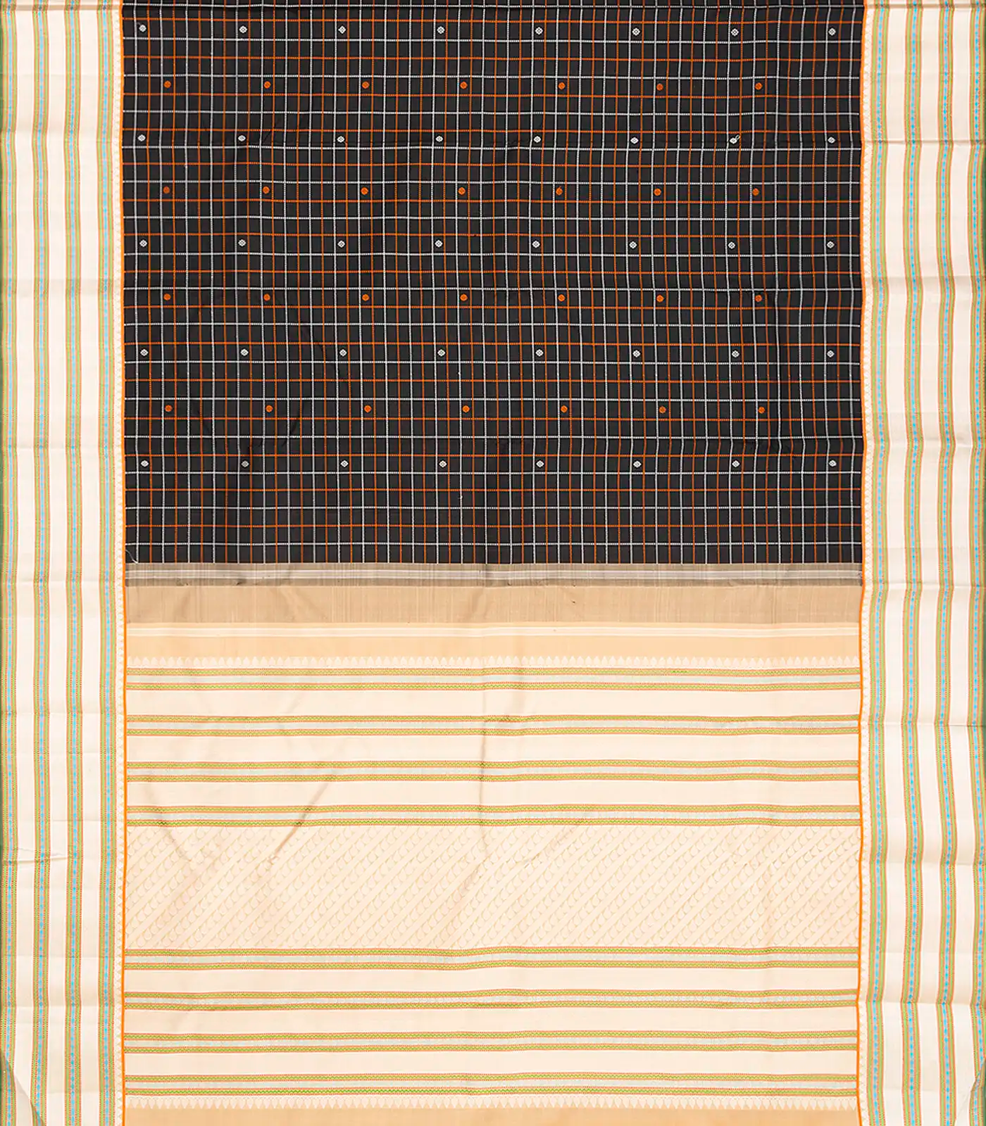 Black Handloom Kanchipuram Korvai Silk Saree With Checks & Buttas-Black