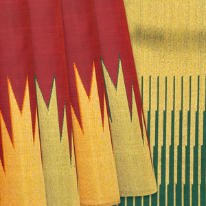 Crimson Handloom Kanchipuram Korvai Silk Saree With Temple Border-Crimson