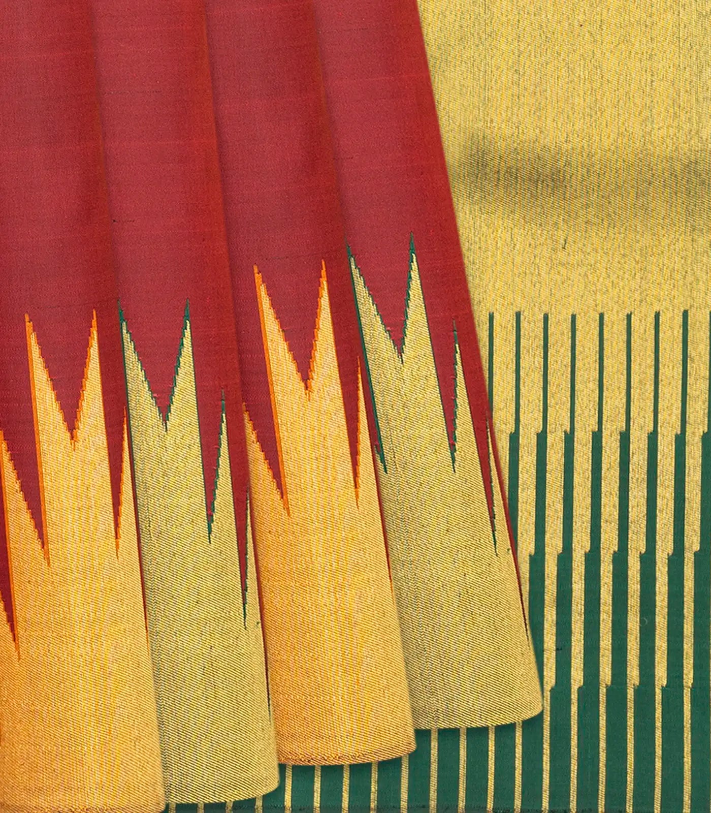 Crimson Handloom Kanchipuram Korvai Silk Saree With Temple Border-Crimson