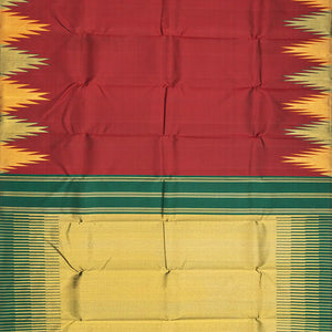 Crimson Handloom Kanchipuram Korvai Silk Saree With Temple Border-Crimson