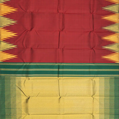 Crimson Handloom Kanchipuram Korvai Silk Saree With Temple Border-Crimson