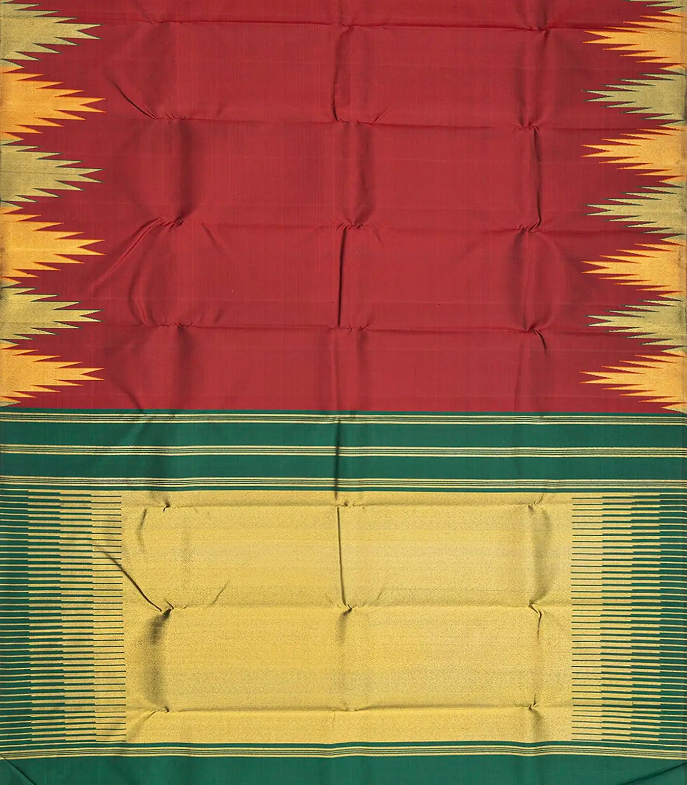 Crimson Handloom Kanchipuram Korvai Silk Saree With Temple Border-Crimson