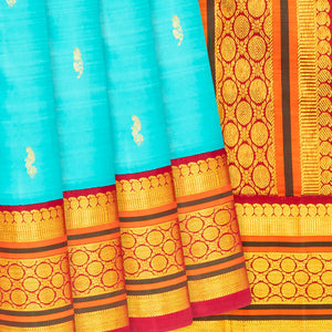 Turquoise Handloom Kanchipuram Korvai Silk Saree With Mango Buttas-Turquoise