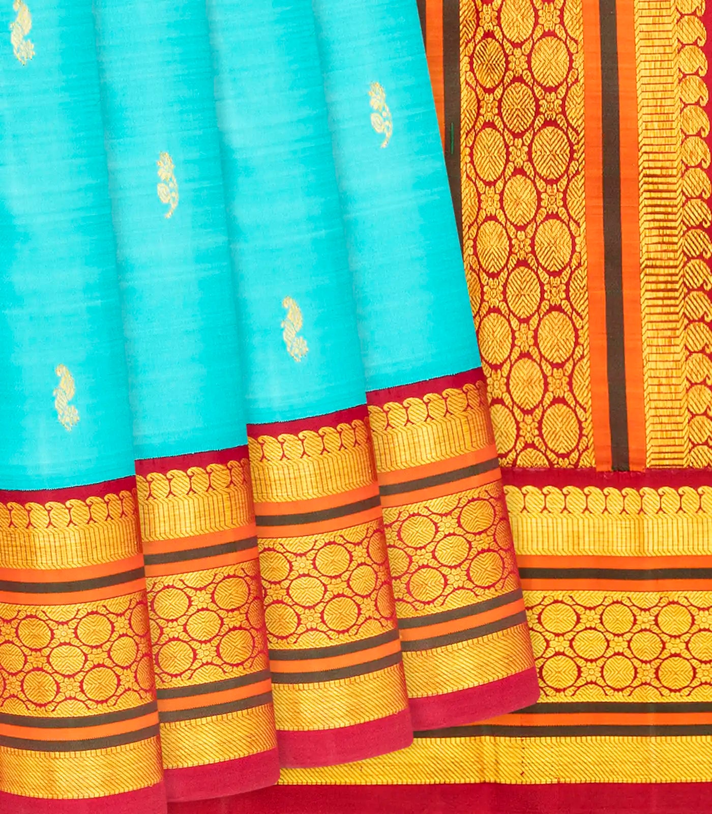 Turquoise Handloom Kanchipuram Korvai Silk Saree With Mango Buttas-Turquoise