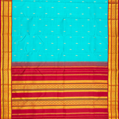 Turquoise Handloom Kanchipuram Korvai Silk Saree With Mango Buttas-Turquoise