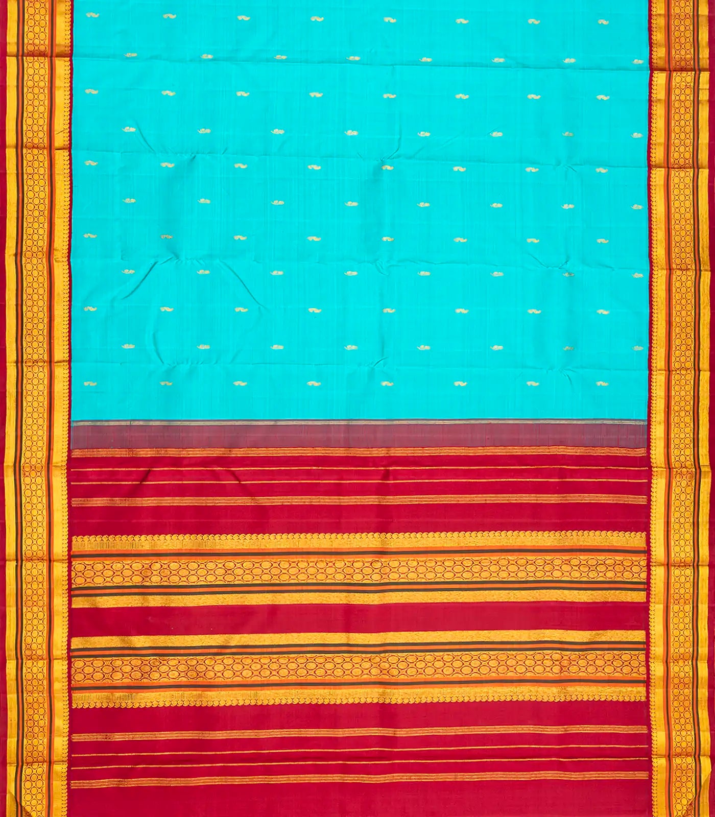 Turquoise Handloom Kanchipuram Korvai Silk Saree With Mango Buttas-Turquoise