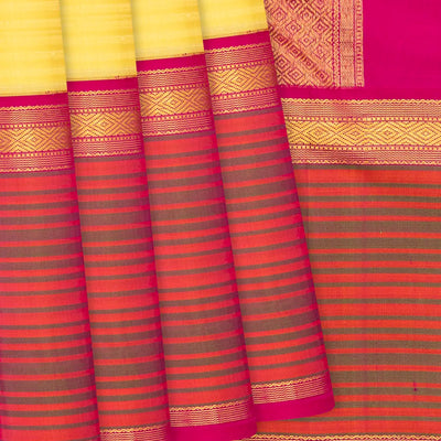 Yellow Handloom Kanchipuram Korvai Silk Saree With Stripes-Yellow